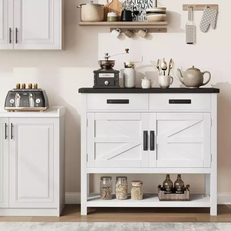 Table Console en Bois Minimaliste avec Armoire à Double Porte et Deux Tiroirs, Bar à Café, Table d'Appoint de Canapé, Adaptée aux Salons et Couloirs