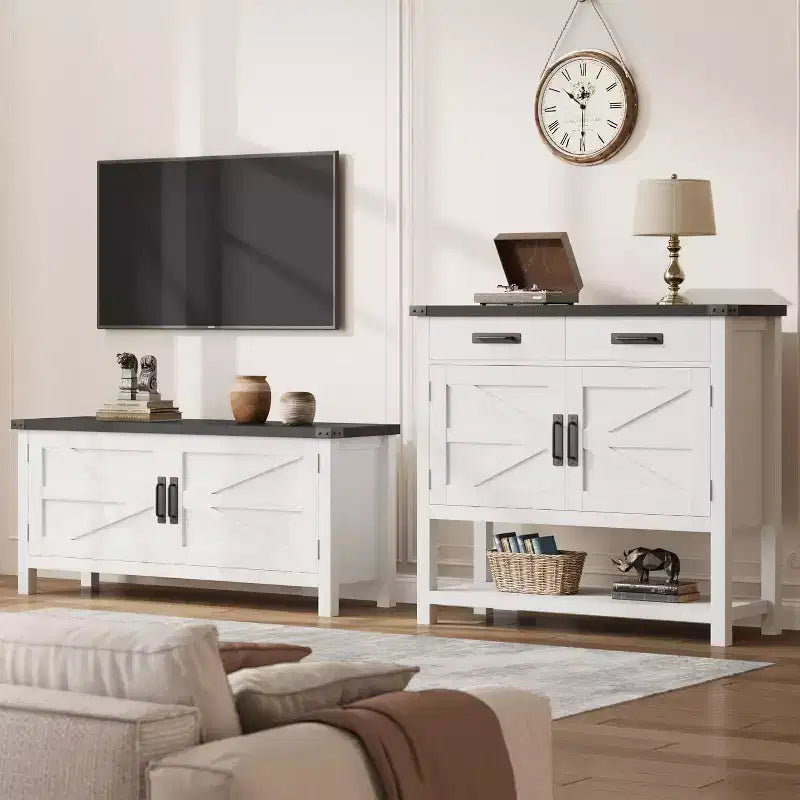 Table Console en Bois Minimaliste avec Armoire à Double Porte et Deux Tiroirs, Bar à Café, Table d'Appoint de Canapé, Adaptée aux Salons et Couloirs