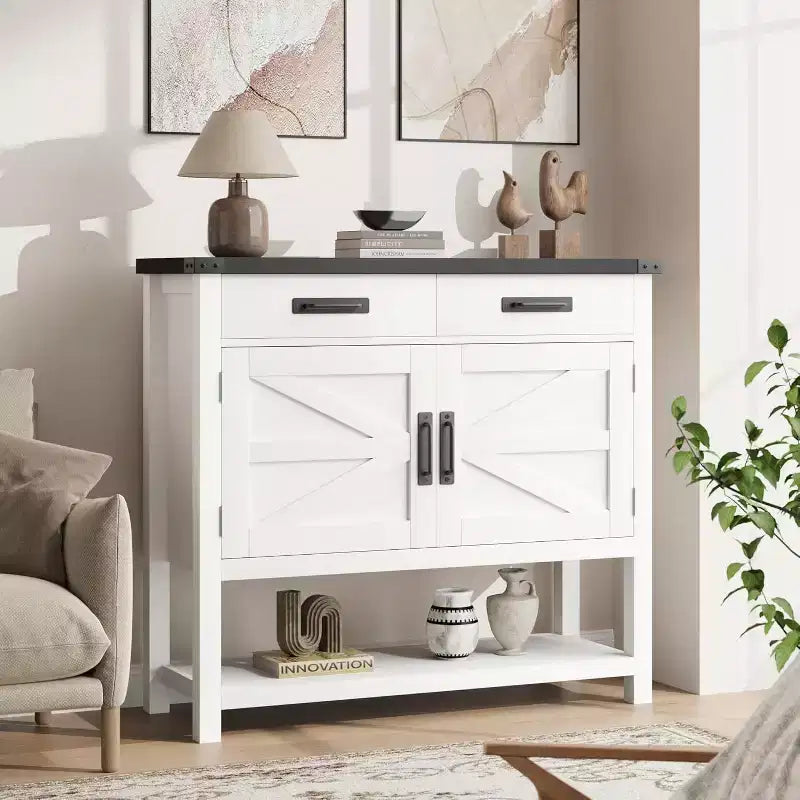 Table Console en Bois Minimaliste avec Armoire à Double Porte et Deux Tiroirs, Bar à Café, Table d'Appoint de Canapé, Adaptée aux Salons et Couloirs