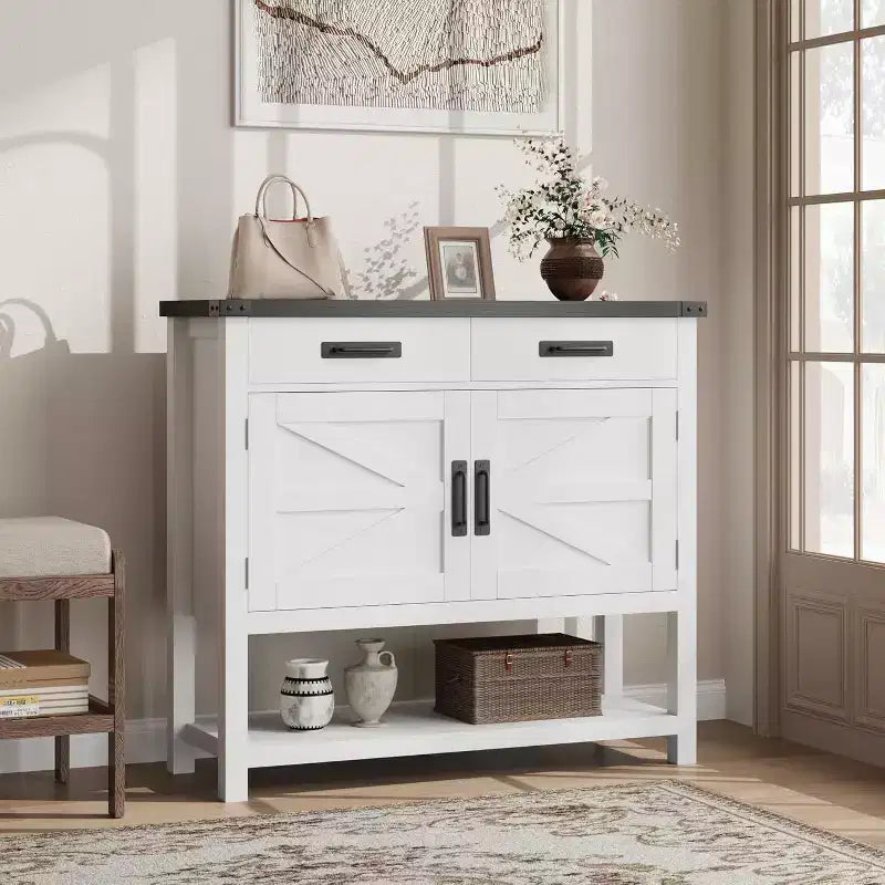 Table Console en Bois Minimaliste avec Armoire à Double Porte et Deux Tiroirs, Bar à Café, Table d'Appoint de Canapé, Adaptée aux Salons et Couloirs