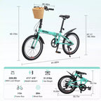 Vélo pliant 20 pouces pour adultes avec panier, support de téléphone et garde-boue, cadre en acier 6 vitesses, vélo de ville, double frein en V, vélo compact portable