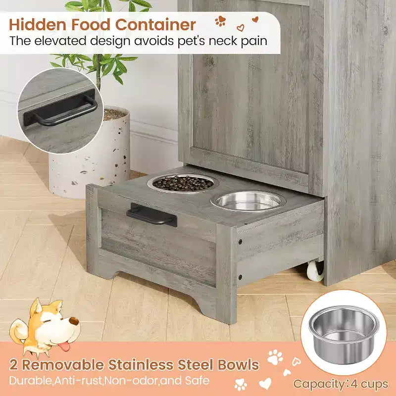 Mangeoire pliante surélevée pour chiens avec meuble de rangement, 2 gamelles en acier inoxydable et 3 crochets, organisateur de nourriture en bois pour chiens et chats, table d'appoint