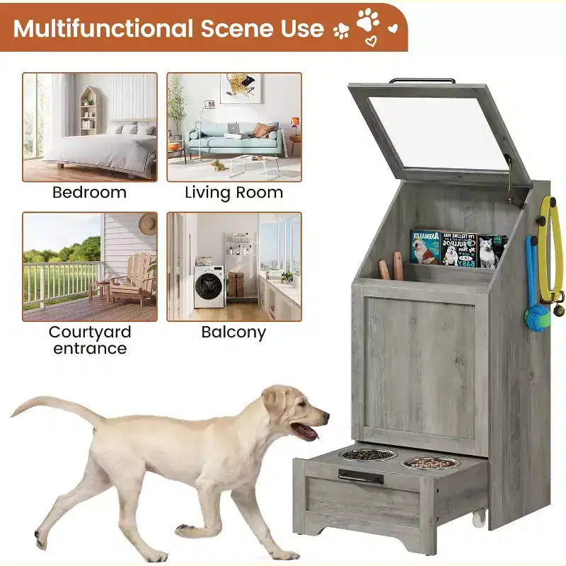 Mangeoire pliante surélevée pour chiens avec meuble de rangement, 2 gamelles en acier inoxydable et 3 crochets, organisateur de nourriture en bois pour chiens et chats, table d'appoint