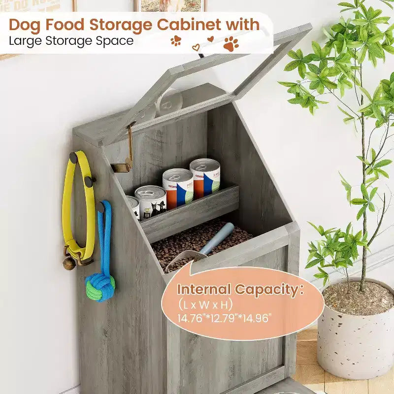 Mangeoire pliante surélevée pour chiens avec meuble de rangement, 2 gamelles en acier inoxydable et 3 crochets, organisateur de nourriture en bois pour chiens et chats, table d'appoint