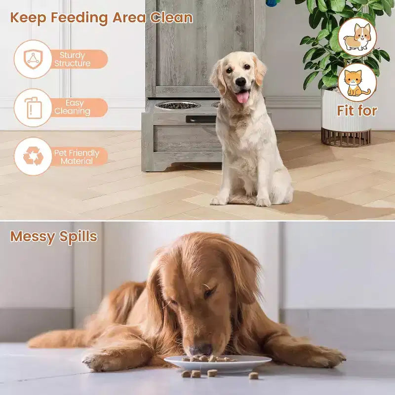 Mangeoire pliante surélevée pour chiens avec meuble de rangement, 2 gamelles en acier inoxydable et 3 crochets, organisateur de nourriture en bois pour chiens et chats, table d'appoint