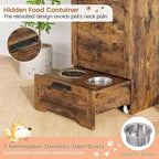 Mangeoire pliante surélevée pour chiens avec meuble de rangement, 2 gamelles en acier inoxydable et 3 crochets, organisateur de nourriture en bois pour chiens et chats, table d'appoint