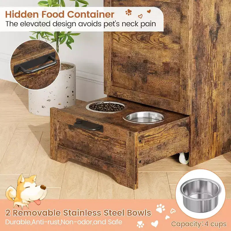 Mangeoire pliante surélevée pour chiens avec meuble de rangement, 2 gamelles en acier inoxydable et 3 crochets, organisateur de nourriture en bois pour chiens et chats, table d'appoint