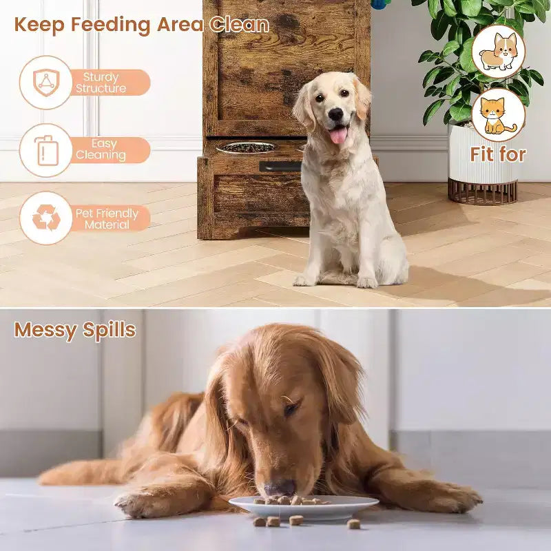 Mangeoire pliante surélevée pour chiens avec meuble de rangement, 2 gamelles en acier inoxydable et 3 crochets, organisateur de nourriture en bois pour chiens et chats, table d'appoint