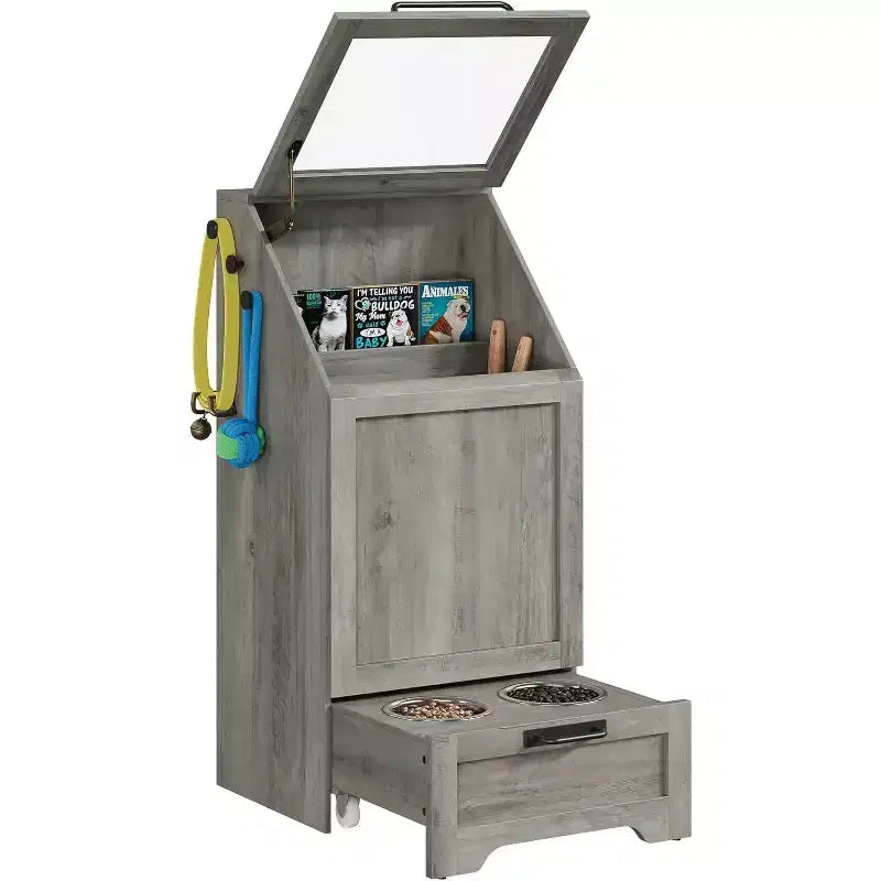 Mangeoire pliante surélevée pour chiens avec meuble de rangement, 2 gamelles en acier inoxydable et 3 crochets, organisateur de nourriture en bois pour chiens et chats, table d'appoint