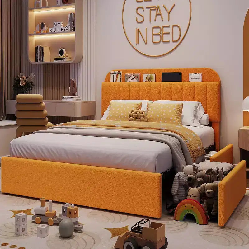 Cadre de lit simple/double avec tête de lit de rangement et 2 tiroirs, lit plateforme capitonné avec bibliothèque, pas besoin de sommier tapissier, jaune