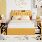 Cadre de lit simple/double avec tête de lit de rangement et 2 tiroirs, lit plateforme capitonné avec bibliothèque, pas besoin de sommier tapissier, jaune