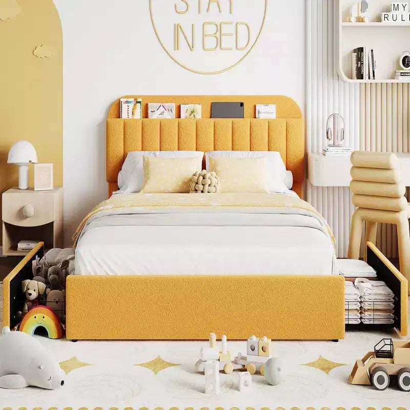 Cadre de lit simple/double avec tête de lit de rangement et 2 tiroirs, lit plateforme capitonné avec bibliothèque, pas besoin de sommier tapissier, jaune