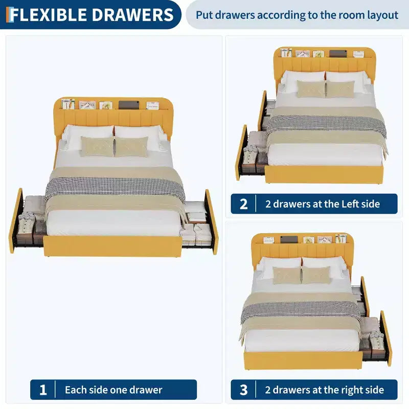 Cadre de lit simple/double avec tête de lit de rangement et 2 tiroirs, lit plateforme capitonné avec bibliothèque, pas besoin de sommier tapissier, jaune