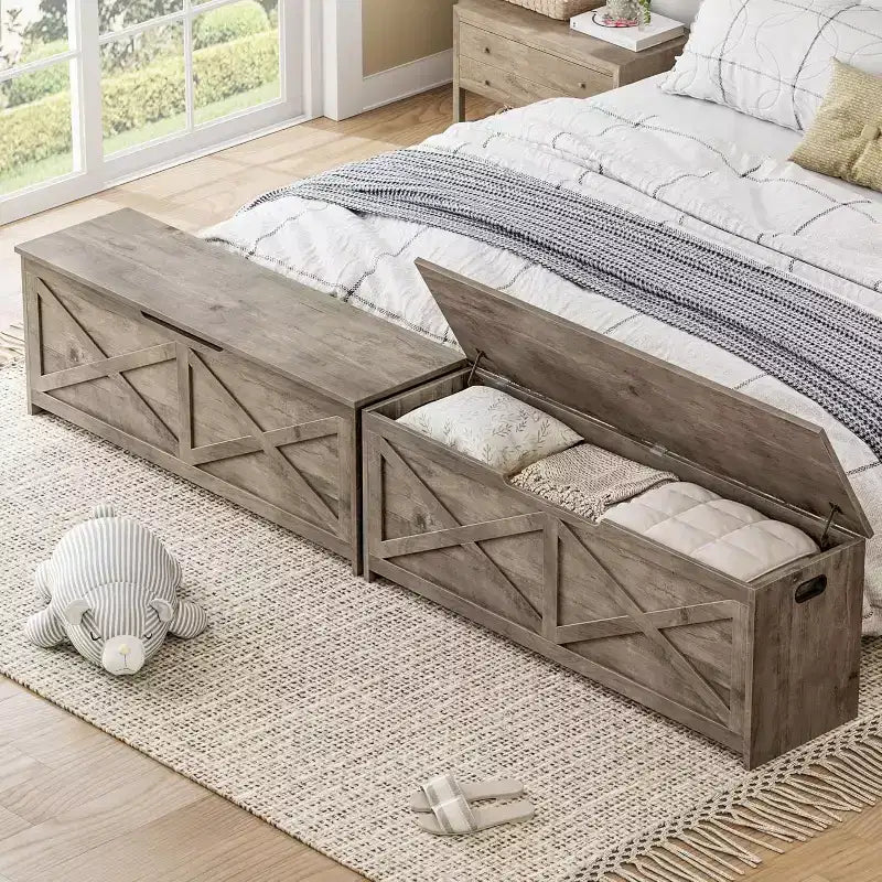47.2 po Coffre de rangement, Banc de rangement en bois avec charnières de sécurité, Facile à monter, Grand banc à chaussures pour l'entrée, le salon, la chambre