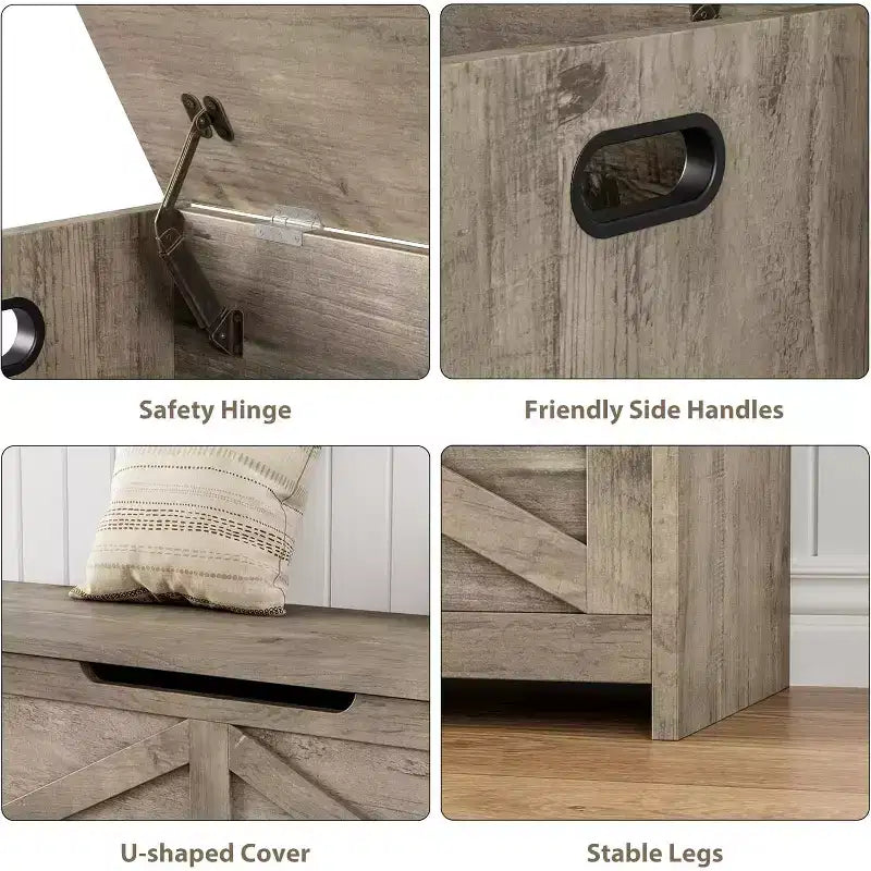 47.2 po Coffre de rangement, Banc de rangement en bois avec charnières de sécurité, Facile à monter, Grand banc à chaussures pour l'entrée, le salon, la chambre