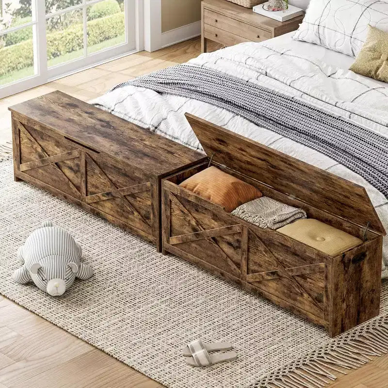 47.2 po Coffre de rangement, Banc de rangement en bois avec charnières de sécurité, Facile à monter, Grand banc à chaussures pour l'entrée, le salon, la chambre