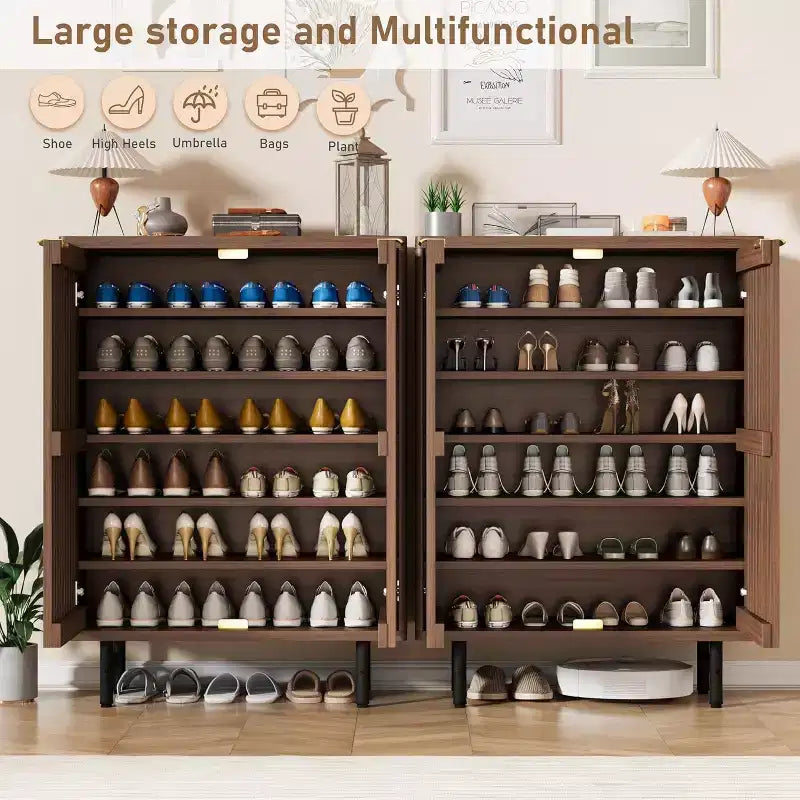 Meuble à chaussures en bois à 6 niveaux avec portes persiennes, étagère à chaussures étroite autoportante, meuble de rangement pour entrée, peut contenir 24 paires de chaussures, mobilier de couloir moderne.