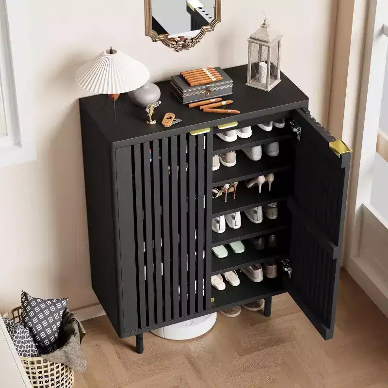 6 Tier Wooden Shoe Cabinet with Louvered Doors Freestanding Narrow Shoe Organizer Entryway Storage Rack Holds 24 Pairs Modern Home Hallway Furniture