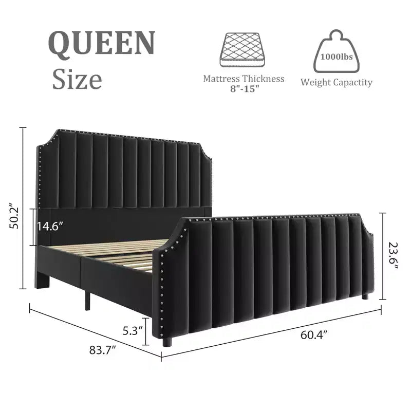 Cadre de lit en velours noir 50,2 cm, tête de lit capitonnée, plateforme rembourrée avec lattes en bois, pas besoin de sommier tapissier