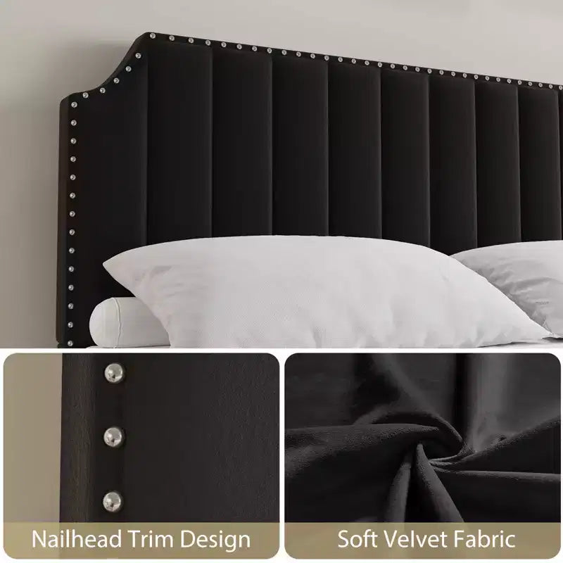 Cadre de lit en velours noir 50,2 cm, tête de lit capitonnée, plateforme rembourrée avec lattes en bois, pas besoin de sommier tapissier