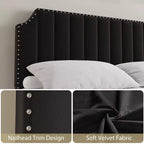 Cadre de lit en velours noir 50,2 cm, tête de lit capitonnée, plateforme rembourrée avec lattes en bois, pas besoin de sommier tapissier