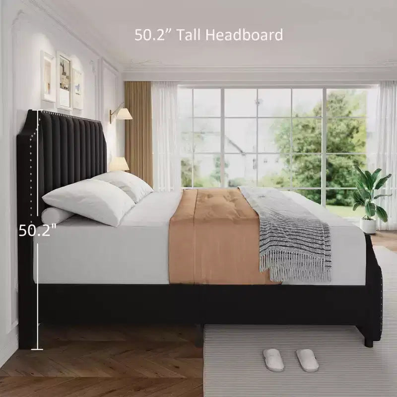 Cadre de lit en velours noir 50,2 cm, tête de lit capitonnée, plateforme rembourrée avec lattes en bois, pas besoin de sommier tapissier