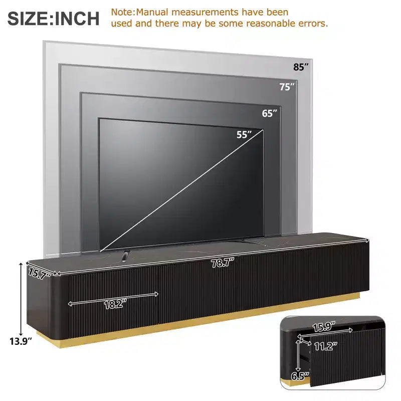 Meuble TV JVNOXK pour téléviseurs jusqu'à 85 pouces, console média avec plateau en faux marbre et 4 tiroirs, base dorée, centre de divertissement moderne pour salon, noir
