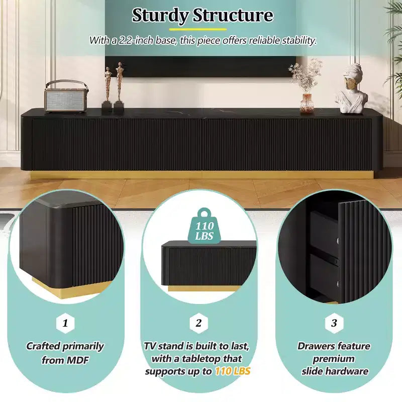 Meuble TV JVNOXK pour téléviseurs jusqu'à 85 pouces, console média avec plateau en faux marbre et 4 tiroirs, base dorée, centre de divertissement moderne pour salon, noir