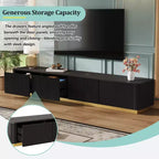 Meuble TV JVNOXK pour téléviseurs jusqu'à 85 pouces, console média avec plateau en faux marbre et 4 tiroirs, base dorée, centre de divertissement moderne pour salon, noir