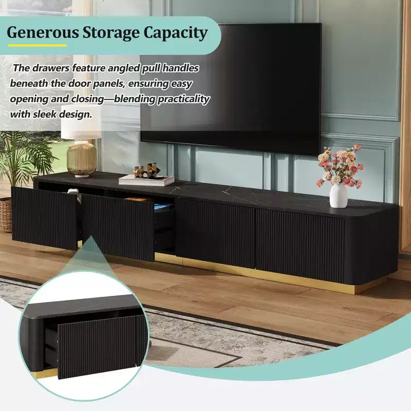 Meuble TV JVNOXK pour téléviseurs jusqu'à 85 pouces, console média avec plateau en faux marbre et 4 tiroirs, base dorée, centre de divertissement moderne pour salon, noir