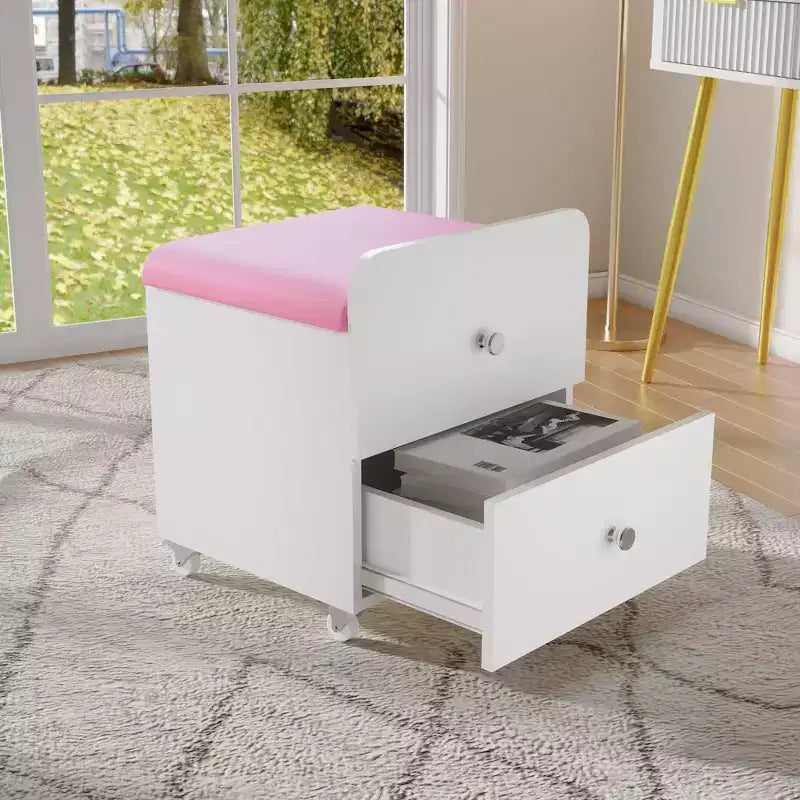 Chaise de coiffeuse Acekool avec tiroir de rangement, pouf en PU 44x38,5x44 cm avec roulettes verrouillables, siège de maquillage moderne pour chambre à coucher