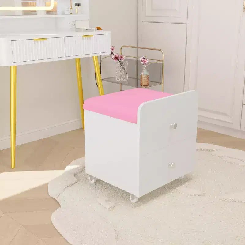 Chaise de coiffeuse Acekool avec tiroir de rangement, pouf en PU 44x38,5x44 cm avec roulettes verrouillables, siège de maquillage moderne pour chambre à coucher