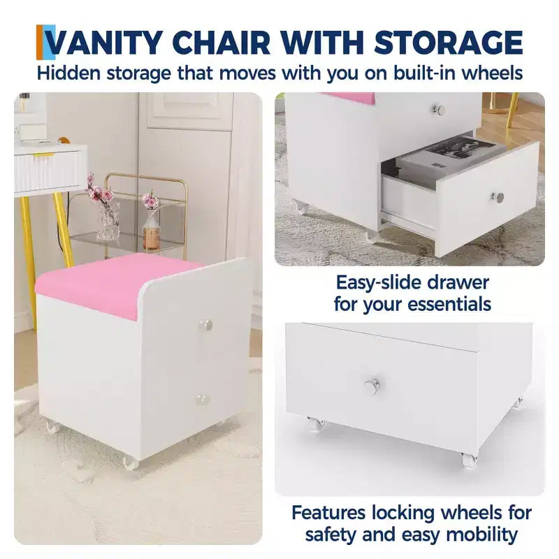 Chaise de coiffeuse Acekool avec tiroir de rangement, pouf en PU 44x38,5x44 cm avec roulettes verrouillables, siège de maquillage moderne pour chambre à coucher