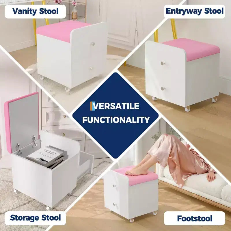 Chaise de coiffeuse Acekool avec tiroir de rangement, pouf en PU 44x38,5x44 cm avec roulettes verrouillables, siège de maquillage moderne pour chambre à coucher
