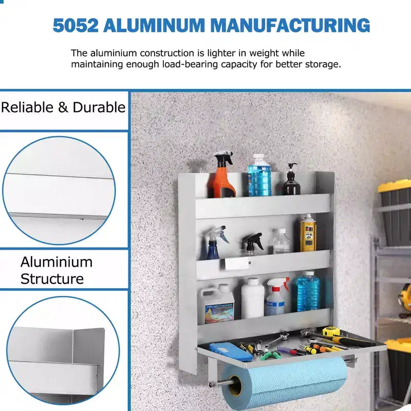 Armoire de rangement en aluminium 5052, armoire à outils murale à 3 niveaux avec table de travail rabattable et porte-serviettes en papier, conception peu encombrante, idéale