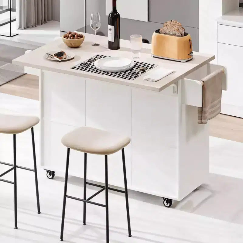 Desserte d'îlot de cuisine avec rangement pour poubelle, comptoir à abattant, tiroir, étagères à épices et porte-serviettes, étagère réglable, chariot de cuisine roulant à roulettes, blanc