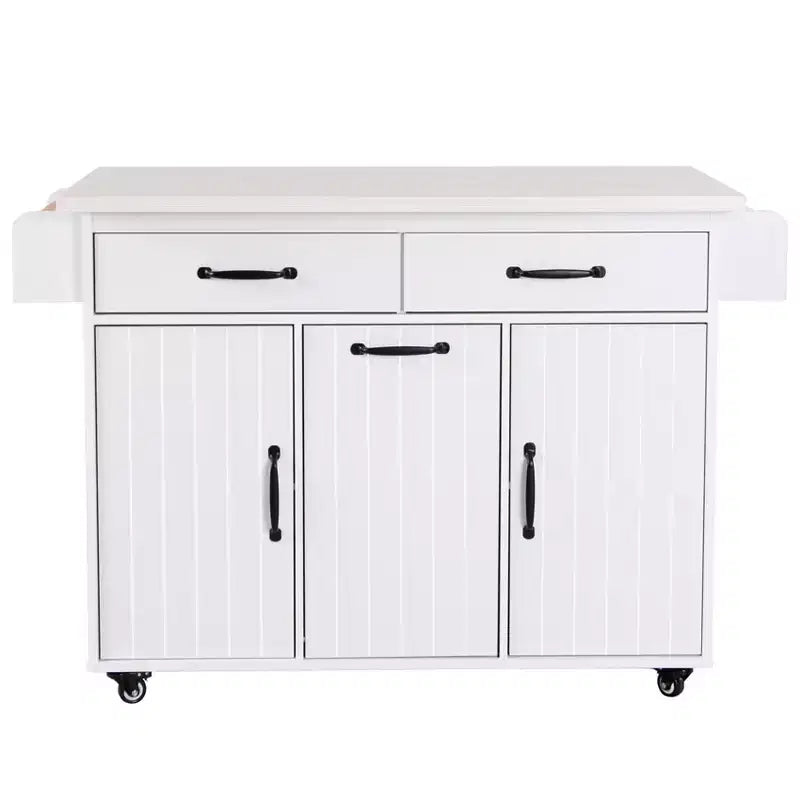 Desserte d'îlot de cuisine avec rangement pour poubelle, comptoir à abattant, tiroir, étagères à épices et porte-serviettes, étagère réglable, chariot de cuisine roulant à roulettes, blanc