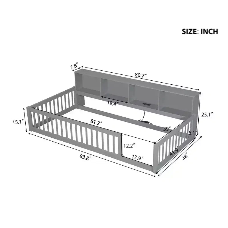 Lits de sol Montessori jumeaux modernes Okak avec armoires de rangement et ports USB, lit plateforme en bois pour chambre d'enfant, chambre à coucher