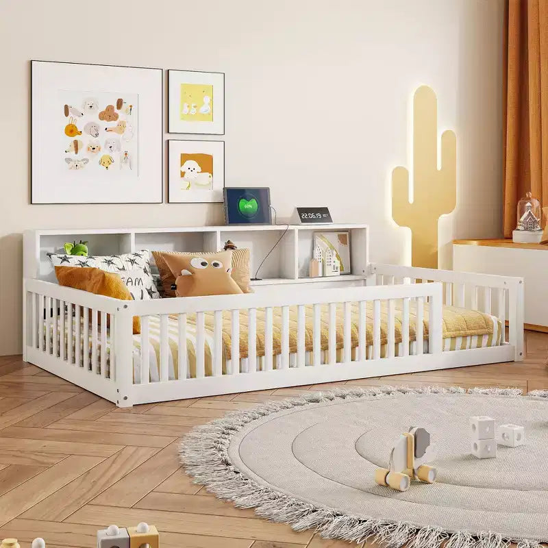 Lits de sol Montessori jumeaux modernes Okak avec armoires de rangement et ports USB, lit plateforme en bois pour chambre d'enfant, chambre à coucher