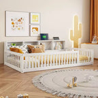 Lits de sol Montessori jumeaux modernes Okak avec armoires de rangement et ports USB, lit plateforme en bois pour chambre d'enfant, chambre à coucher