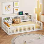 Lits de sol Montessori jumeaux modernes Okak avec armoires de rangement et ports USB, lit plateforme en bois pour chambre d'enfant, chambre à coucher