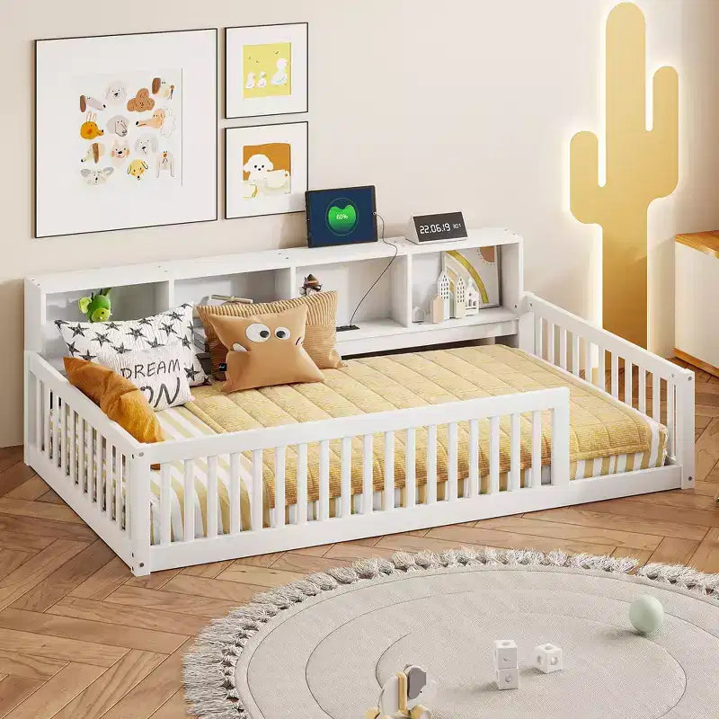 Lits de sol Montessori jumeaux modernes Okak avec armoires de rangement et ports USB, lit plateforme en bois pour chambre d'enfant, chambre à coucher