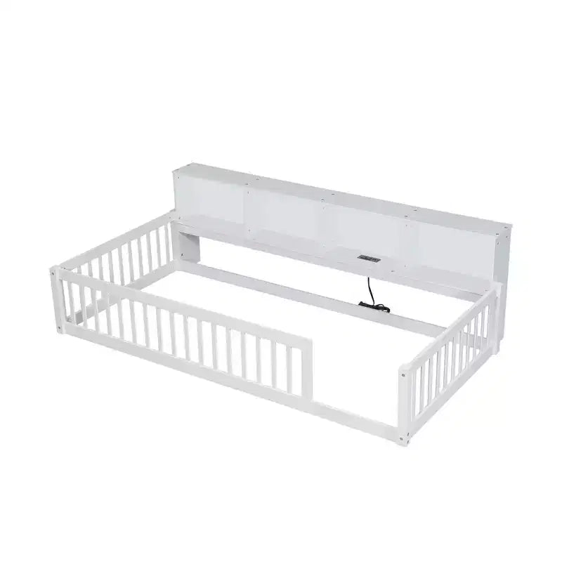 Lits de sol Montessori jumeaux modernes Okak avec armoires de rangement et ports USB, lit plateforme en bois pour chambre d'enfant, chambre à coucher