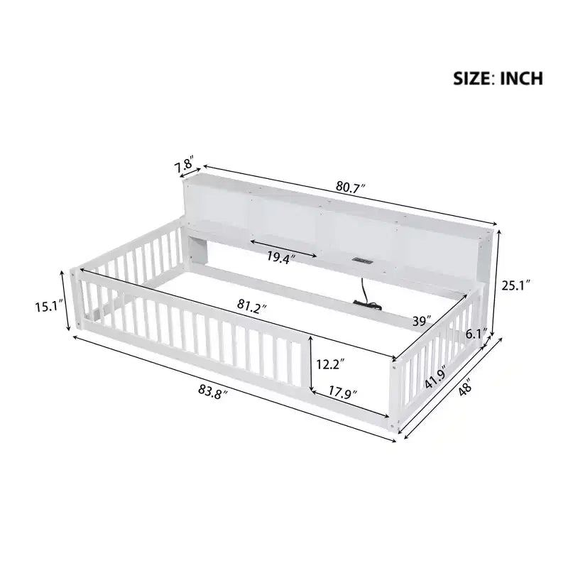 Lits de sol Montessori jumeaux modernes Okak avec armoires de rangement et ports USB, lit plateforme en bois pour chambre d'enfant, chambre à coucher