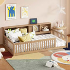 Lits de sol Montessori jumeaux modernes Okak avec armoires de rangement et ports USB, lit plateforme en bois pour chambre d'enfant, chambre à coucher