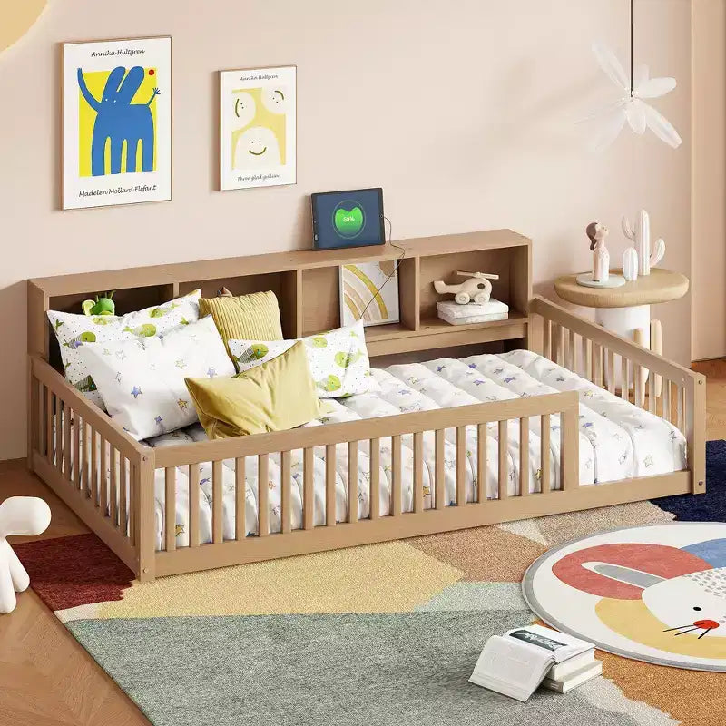 Lits de sol Montessori jumeaux modernes Okak avec armoires de rangement et ports USB, lit plateforme en bois pour chambre d'enfant, chambre à coucher
