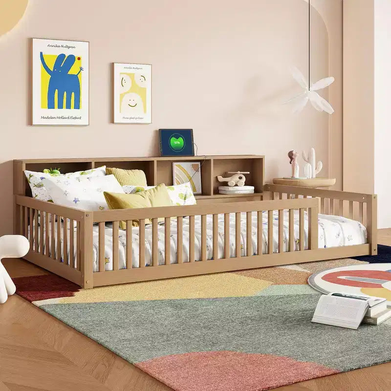 Lits de sol Montessori jumeaux modernes Okak avec armoires de rangement et ports USB, lit plateforme en bois pour chambre d'enfant, chambre à coucher