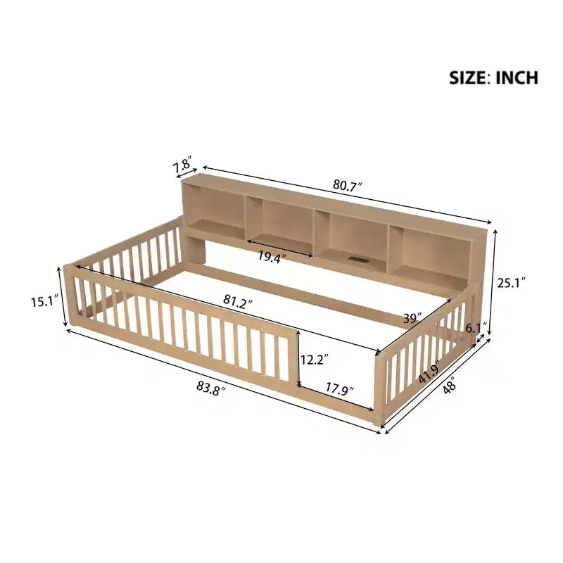 Lits de sol Montessori jumeaux modernes Okak avec armoires de rangement et ports USB, lit plateforme en bois pour chambre d'enfant, chambre à coucher