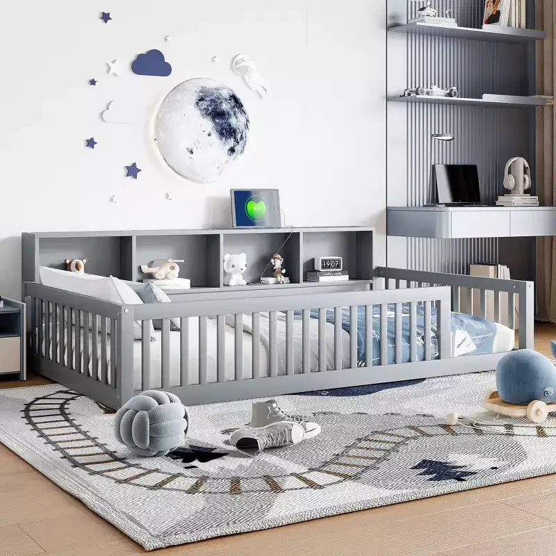 Lits de sol Montessori jumeaux modernes Okak avec armoires de rangement et ports USB, lit plateforme en bois pour chambre d'enfant, chambre à coucher
