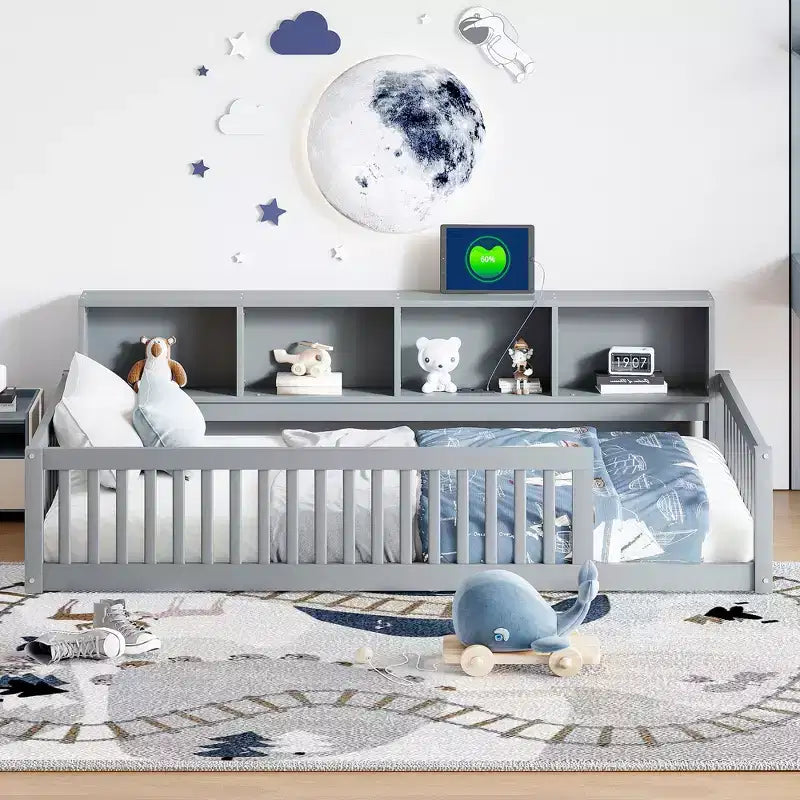Lits de sol Montessori jumeaux modernes Okak avec armoires de rangement et ports USB, lit plateforme en bois pour chambre d'enfant, chambre à coucher